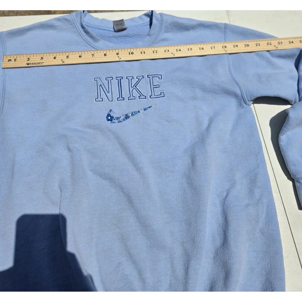 Nike Spellout Custom Embroidered Floral Swoosh Sweatshirt Light Blue Small